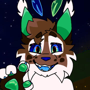 headshot of a brown-furred lynx snow leopard hybrid with dark spots, a smile, green and blue eyes, moth antennae, and one paw raised in hello