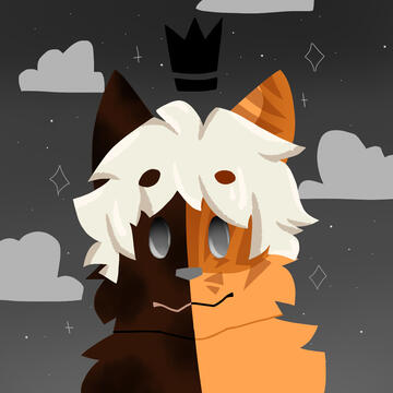 headshot of a thick-haired cat, half spotted and half tabby striped, wearing a black crown and set against a background of stars and clouds